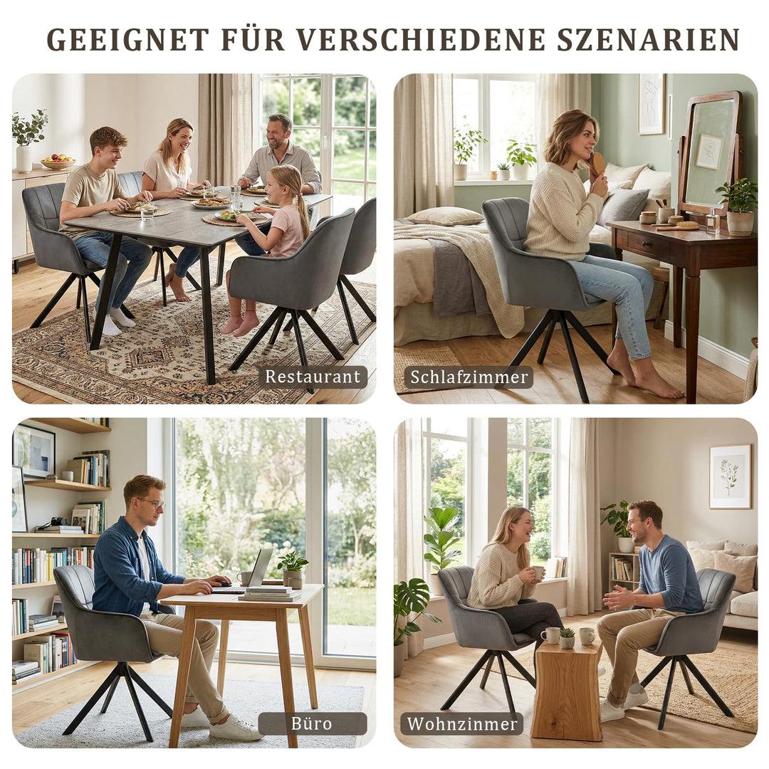 Esszimmerstuhl drehbar Samt 6er-Set mit Armlehnen Grau Metallfuss