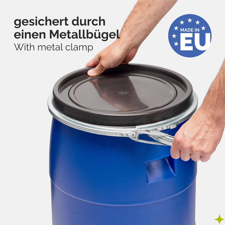 Weithalsfass 60L HDPE lebensmittelecht mit Metallspannring Blau - Bild 4