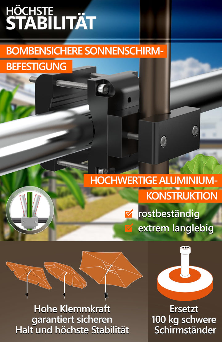 Sonnenschirmhalter Balkongeländer Aluminium universell klemmbar - Bild 3