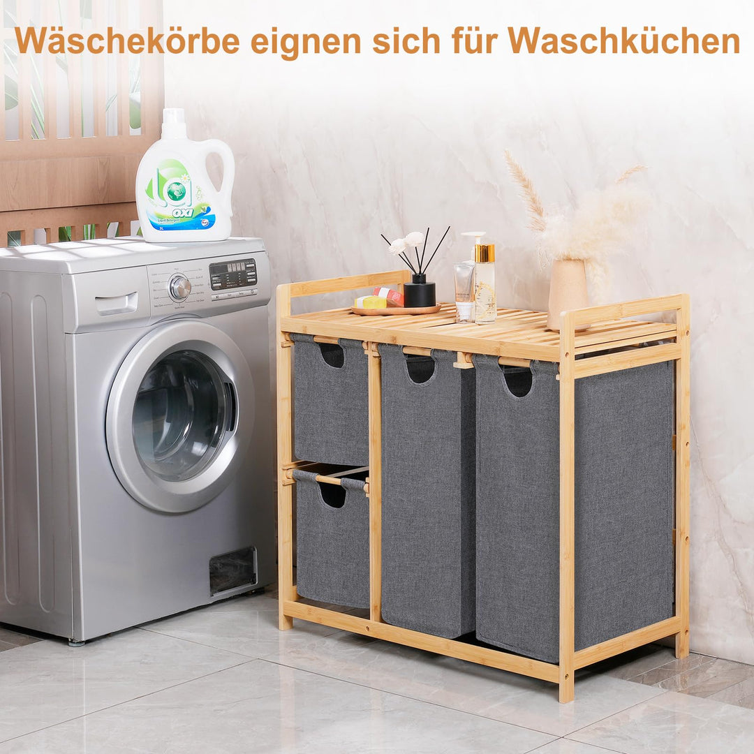 Wäschekorb 4 Fächer Bambus 150L mit Ablage und Rollen - Bild 7