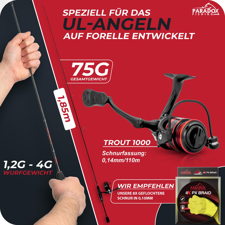 Ultralight Angelset Forellenrute 1,85m mit Rolle 1000 Spoon - Bild 2