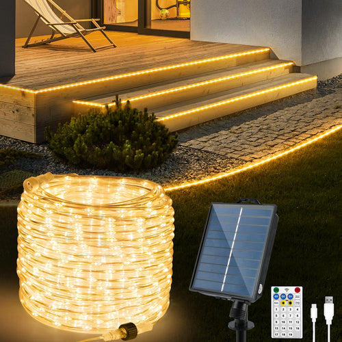 Solar LED Lichtschlauch Aussen 15m 600 LEDs Warmweiss mit Fernbedienung