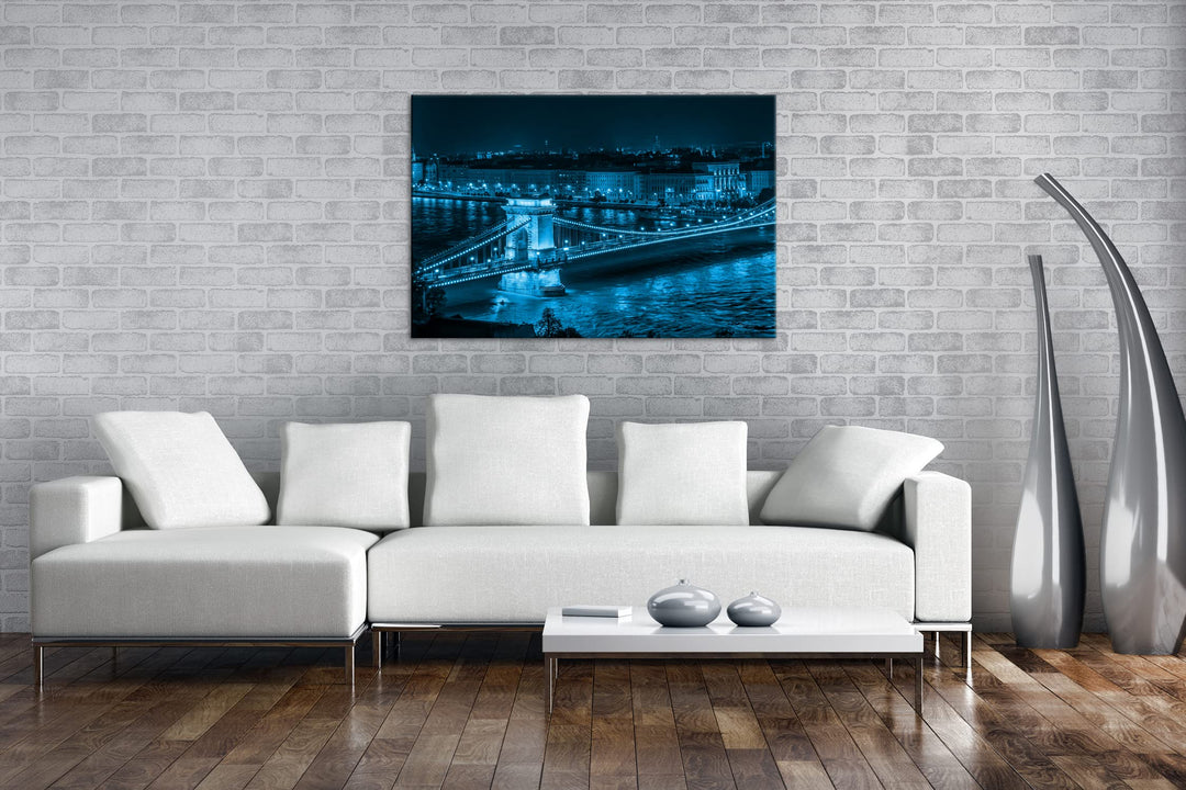 Leinwandbild Kettenbrücke Budapest Monochrom Blau 80x60 cm - Bild 2