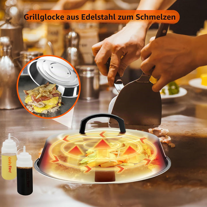 Plancha Grillbesteck Set 9-teilig Edelstahl mit Spatel Zange Schmelzkuppel - Bild 2