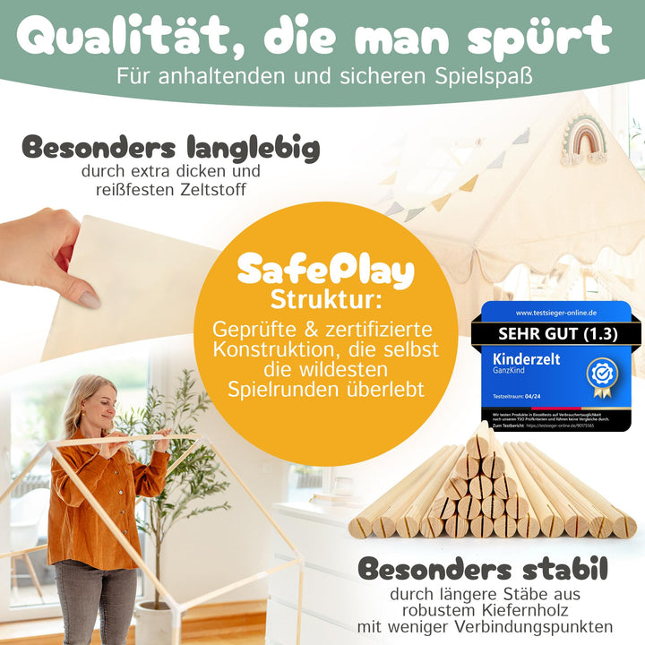 Kinderspielhaus Indoor Holz &amp; Stoff 120x107x140 cm mit 5 Fenstern - Bild 2