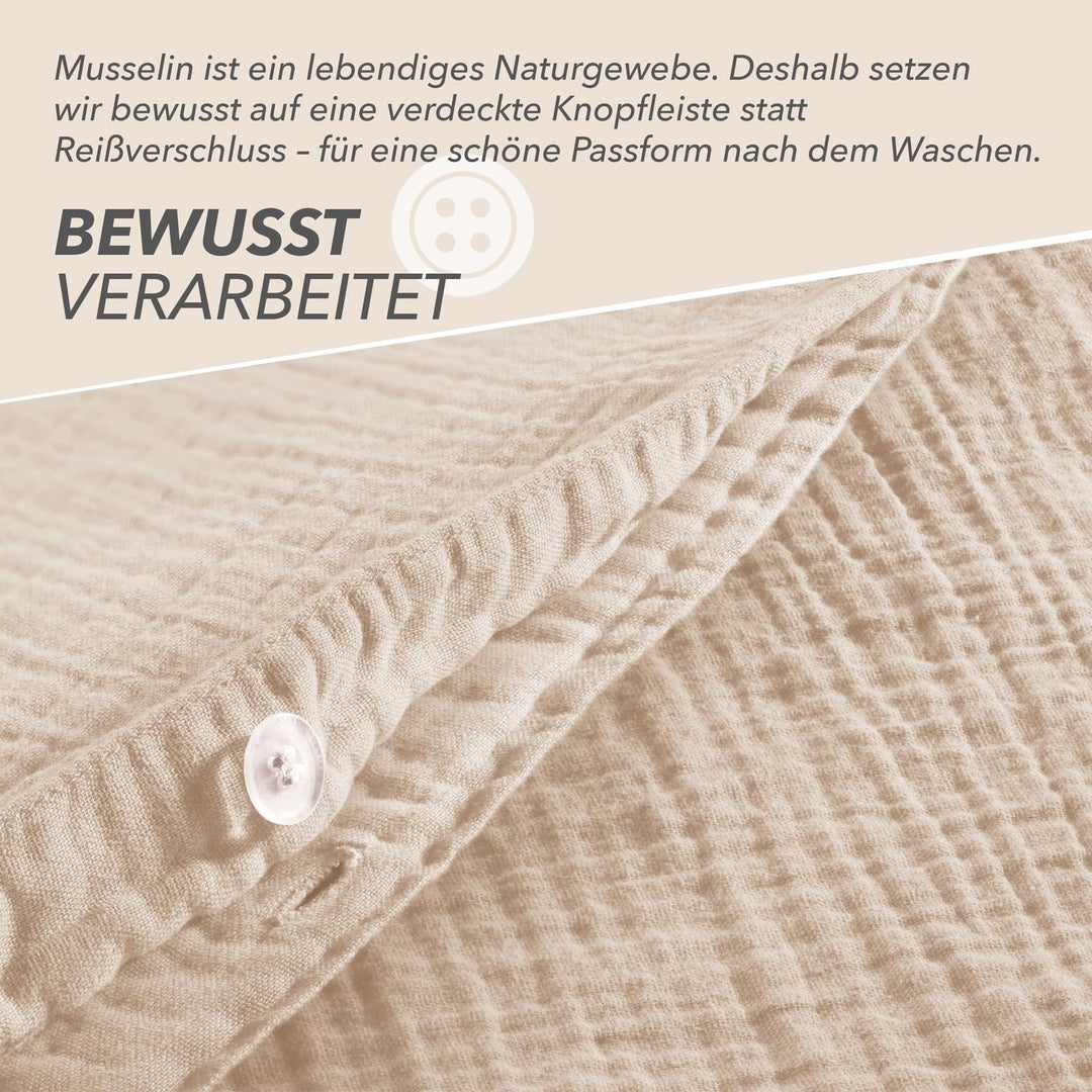 Musselin Bettwäsche 4-teilig Baumwolle 135x200 beige bügelfreie - Bild 4