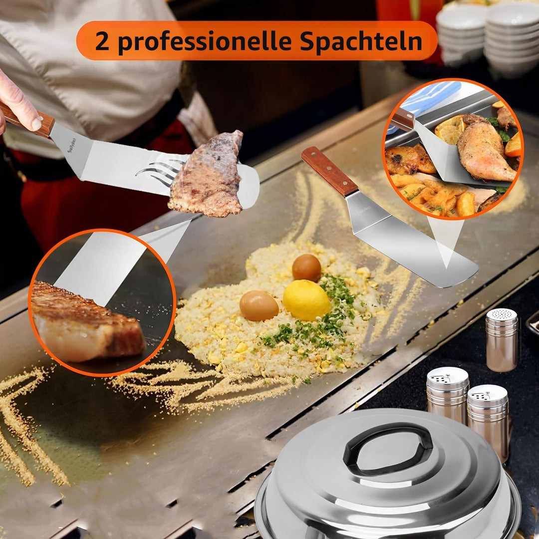 Plancha Grillbesteck Set 9-teilig Edelstahl mit Spatel Zange Schmelzkuppel - Bild 3