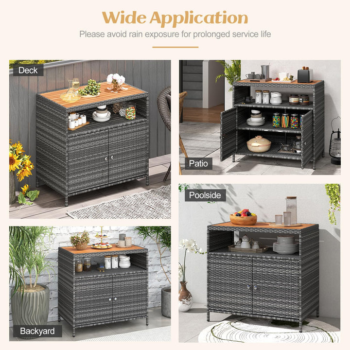 Gartenschrank Rattan mit Akazienholz-Arbeitsplatte 2-türig grau - Bild 6