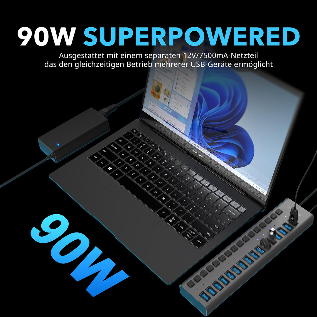 USB Hub 16-Port aktiv mit Netzteil 90W Schalter für PC Laptop - Bild 3