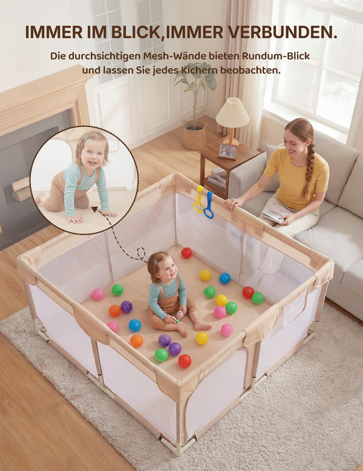 Laufstall Baby 124x124cm atmungsaktiv mit Spielzeug Kaffeebraun - Bild 4