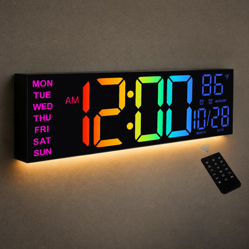 Digitale Wanduhr LED 41 cm mit Temperatur, 8 Farben, Fernbedienung