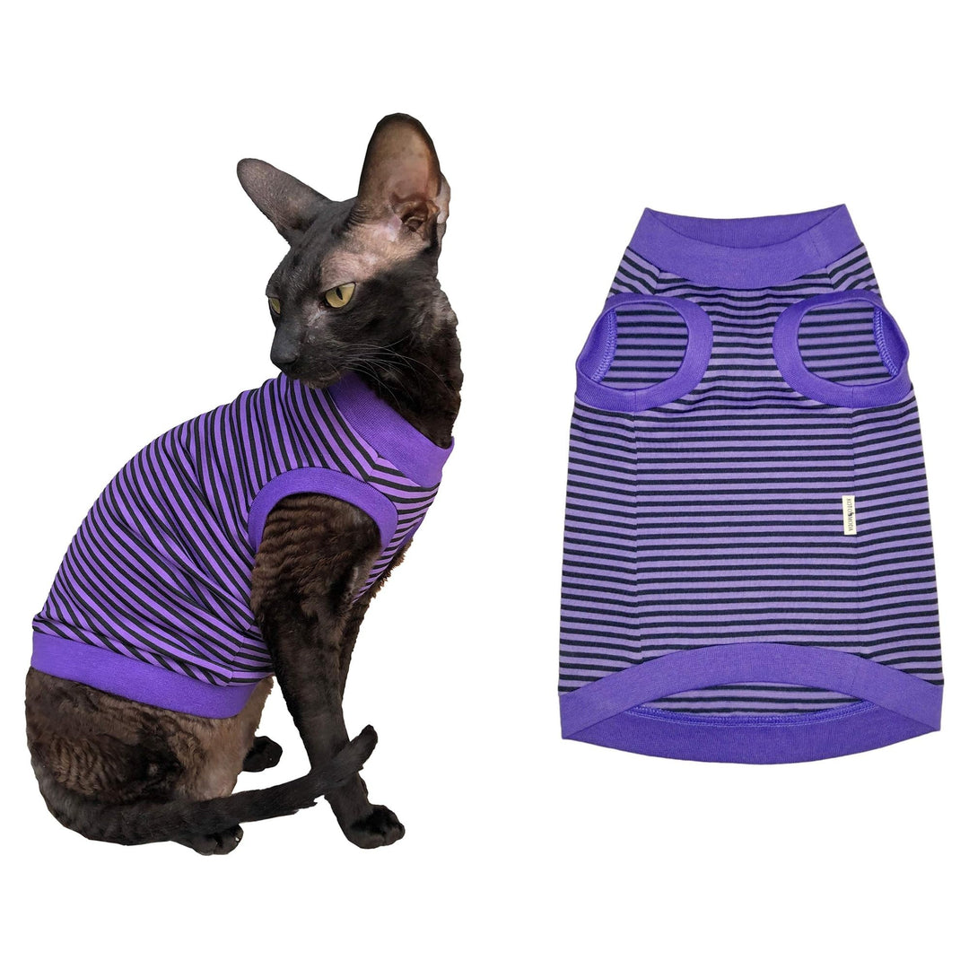 Katzen-T-Shirt Baumwolle Lila-Schwarz gestreift für Haarloskatzen Grösse S
