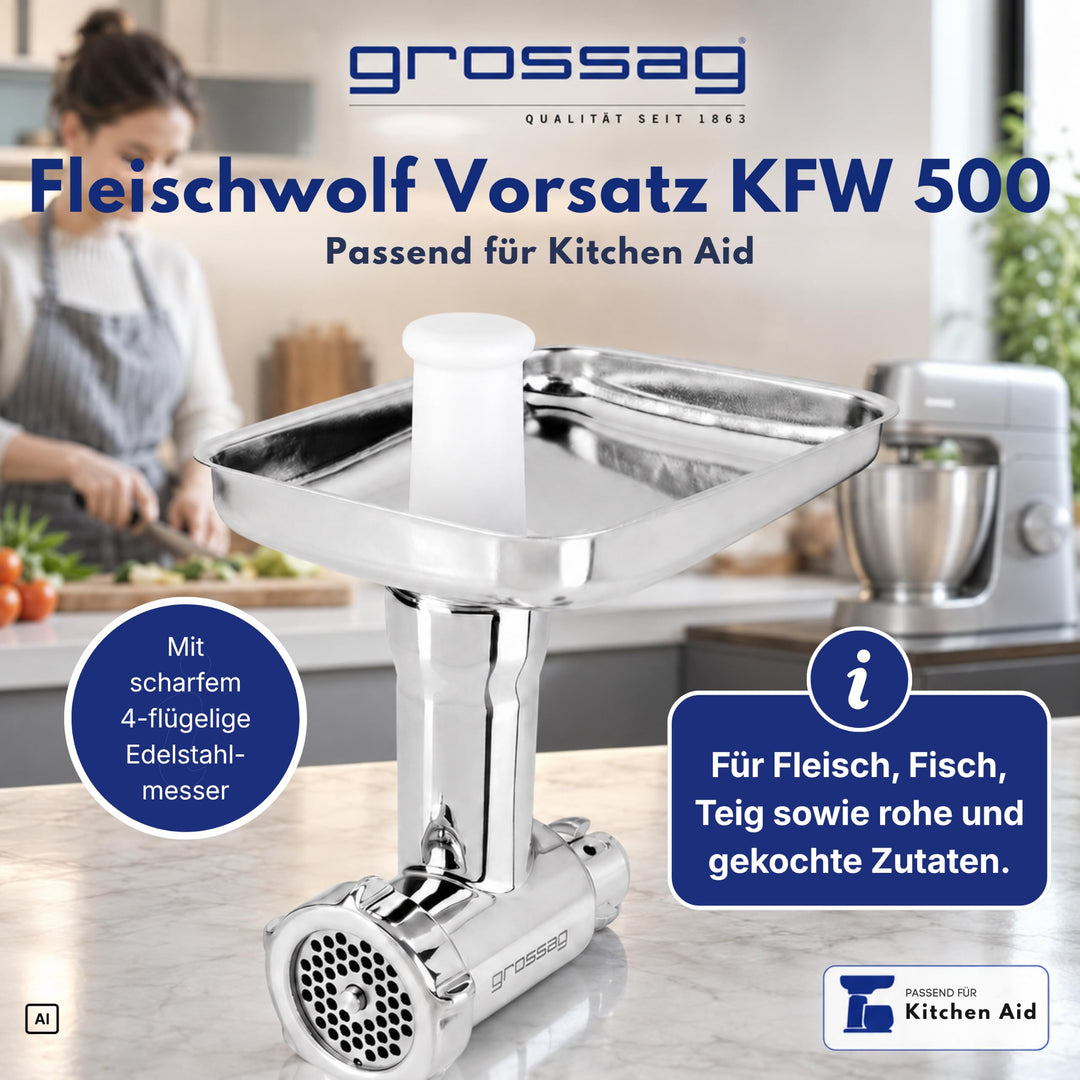 Fleischwolf Aufsatz Edelstahl für KitchenAid mit 3 Lochscheiben - Bild 3