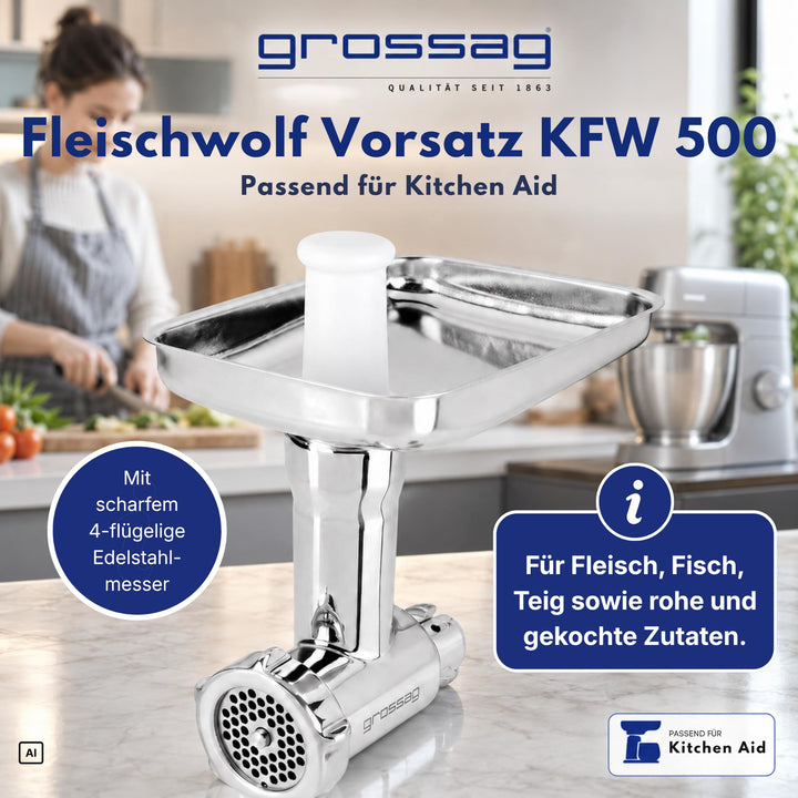 Fleischwolf Aufsatz Edelstahl für KitchenAid mit 3 Lochscheiben - Bild 3