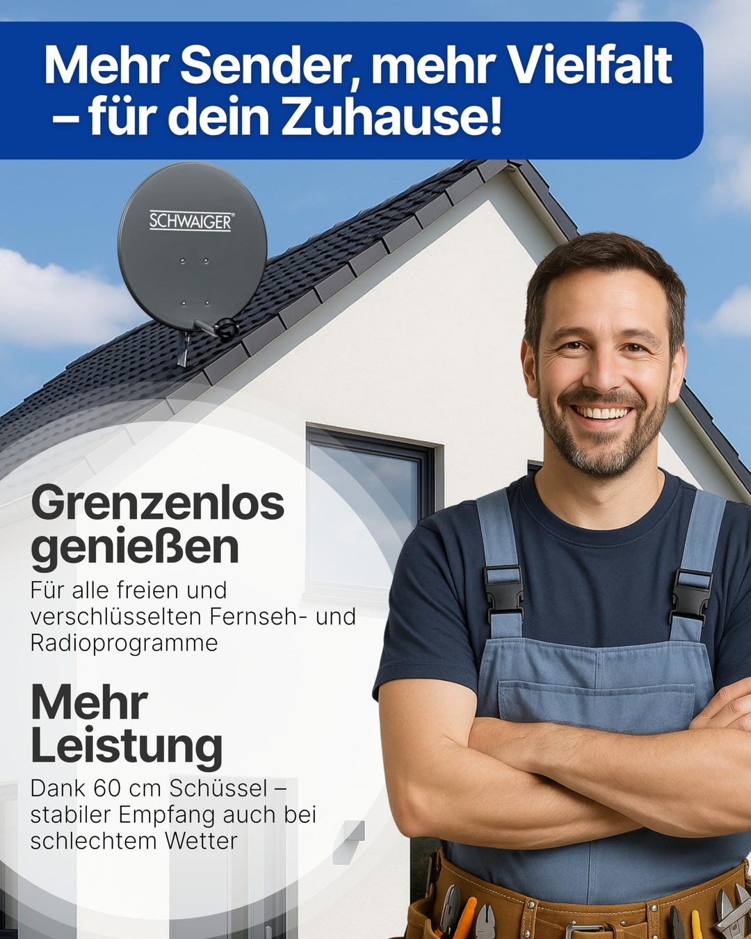 Satellitenschüssel Komplettset Stahl Ø 60 cm anthrazit für 2 Receiver - Bild 2