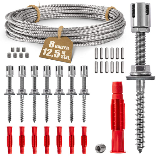 Rankhilfe Edelstahl Komplettset 8 Halter 12,5m Seil für Kletterpflanzen