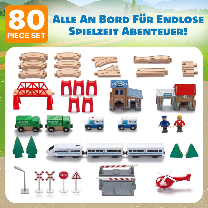 Holzeisenbahn Set 80 Teile elektrisch mit Polizeistation 378 cm - Bild 3