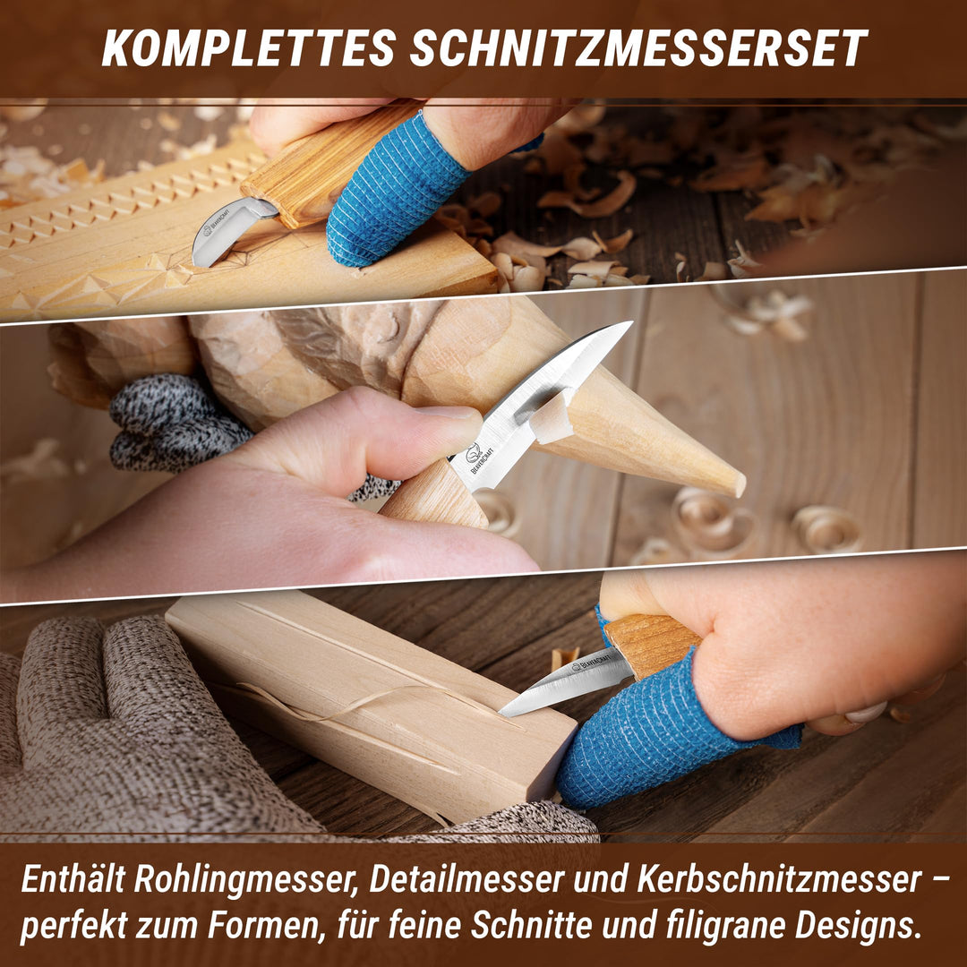 Holzschnitzset Anfänger 3-teilig mit Lederriemen und Poliermittel - Bild 3