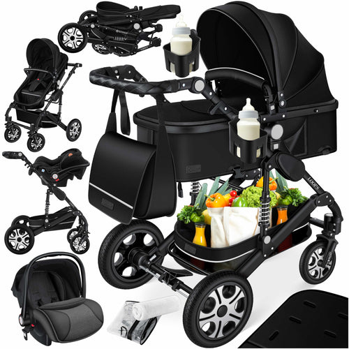 Kombikinderwagen 4-in-1 mit Babywanne, Sportsitz & Babyschale Schwarz