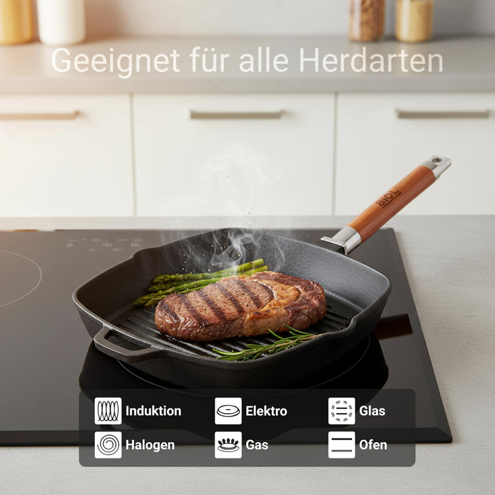 Grillpfanne Gusseisen emailliert 26x26 cm mit abnehmbarem Holzgriff - Bild 4