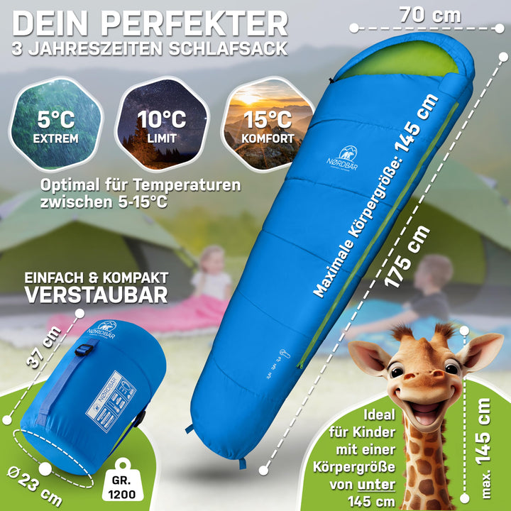 Kinderschlafsack 3-Jahreszeiten 175x70cm mit Kissenfach Camping - Bild 2