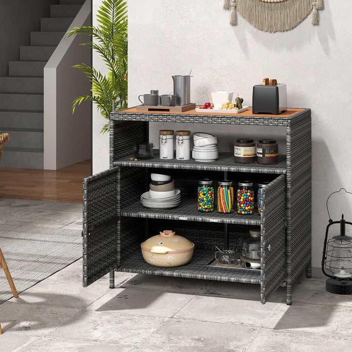 Gartenschrank Rattan mit Akazienholz-Arbeitsplatte 2-türig grau - Bild 8