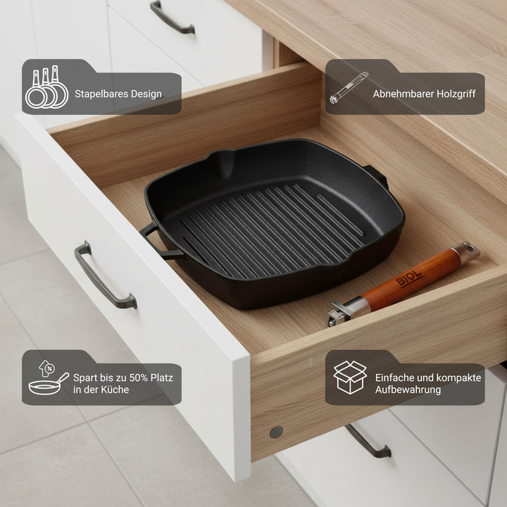 Grillpfanne Gusseisen emailliert 26x26 cm mit abnehmbarem Holzgriff - Bild 5