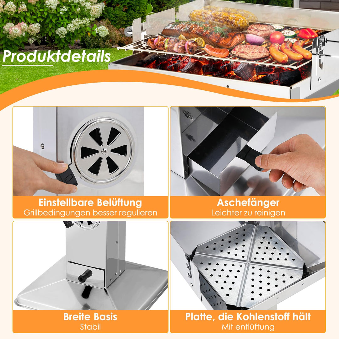 Holzkohlegrill Edelstahl Säulengrill 45x46cm Rost für 4-6 Personen - Bild 6