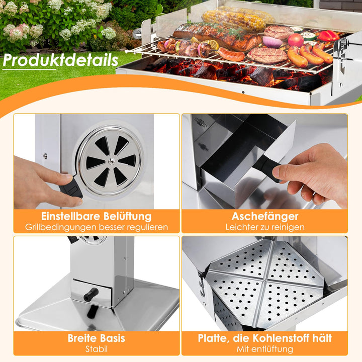 Holzkohlegrill Edelstahl Säulengrill 45x46cm Rost für 4-6 Personen - Bild 6