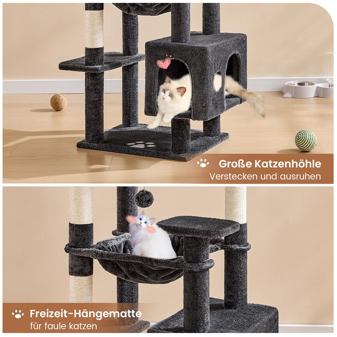 Kratzbaum 160 cm mit 2 Höhlen, Hängematte und Sisalsäulen für Katzen - Bild 4