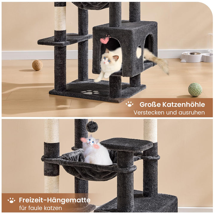 Kratzbaum 160 cm mit 2 Höhlen, Hängematte und Sisalsäulen für Katzen - Bild 4
