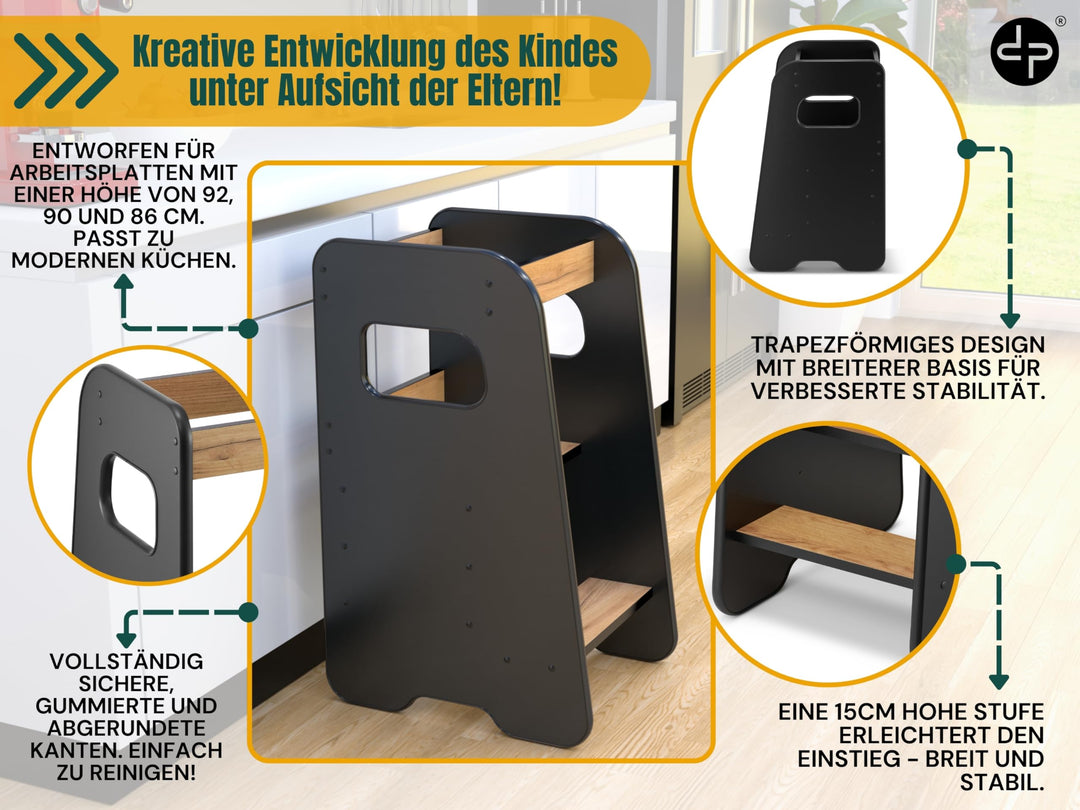 Lernturm Montessori 3-fach höhenverstellbar Holz ab 1 Jahr Schwarz/Eiche - Bild 6