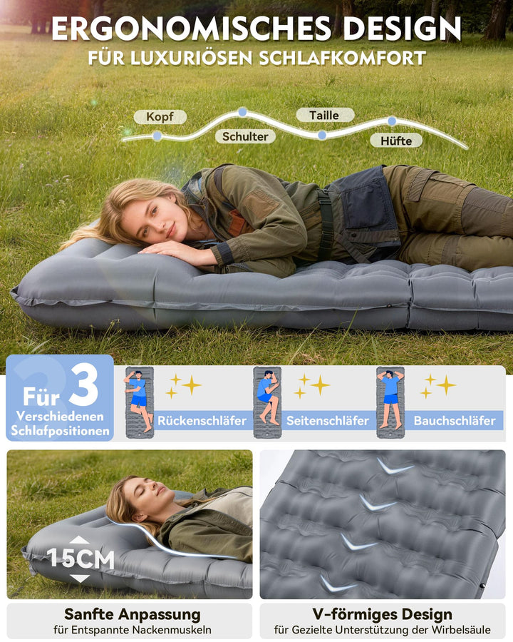 Aufblasbare Isomatte Camping 12 cm mit Kissen &amp; Fusspumpe 196x66 cm - Bild 2