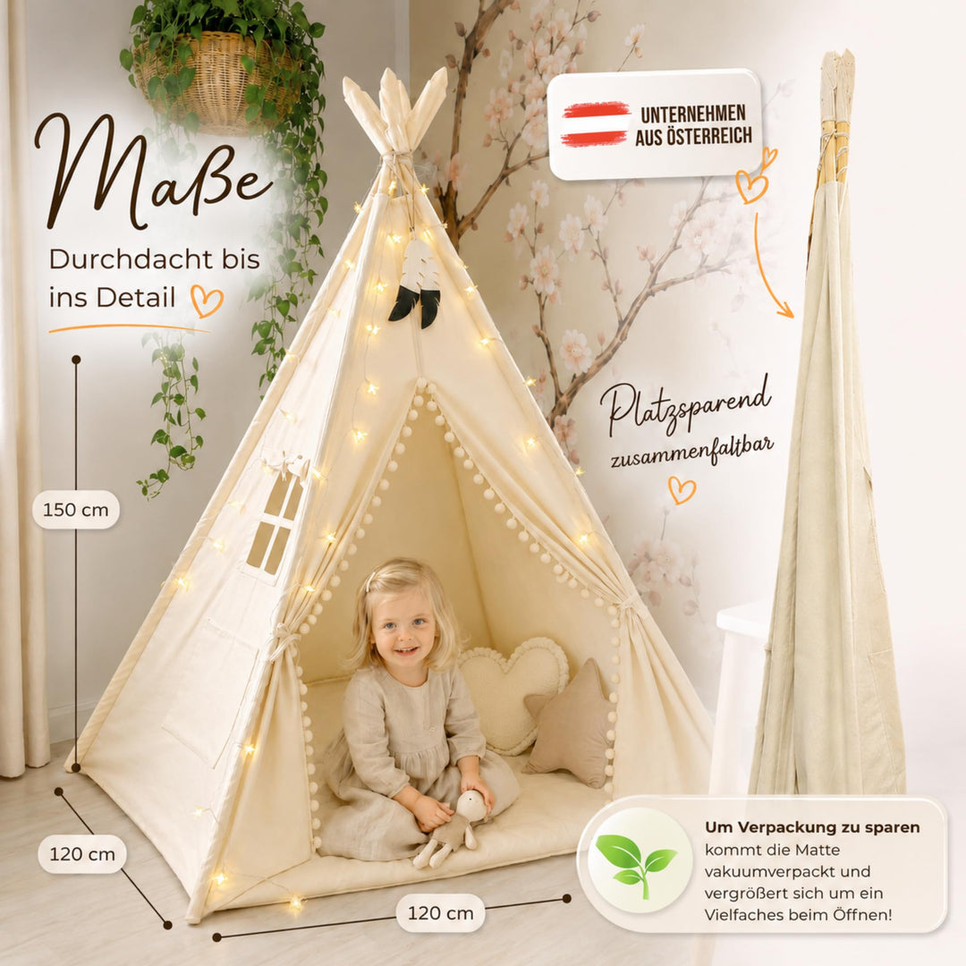 Tipi Zelt Kinder 100% Baumwolle mit Matte und Stabilisator Indoor - Bild 3