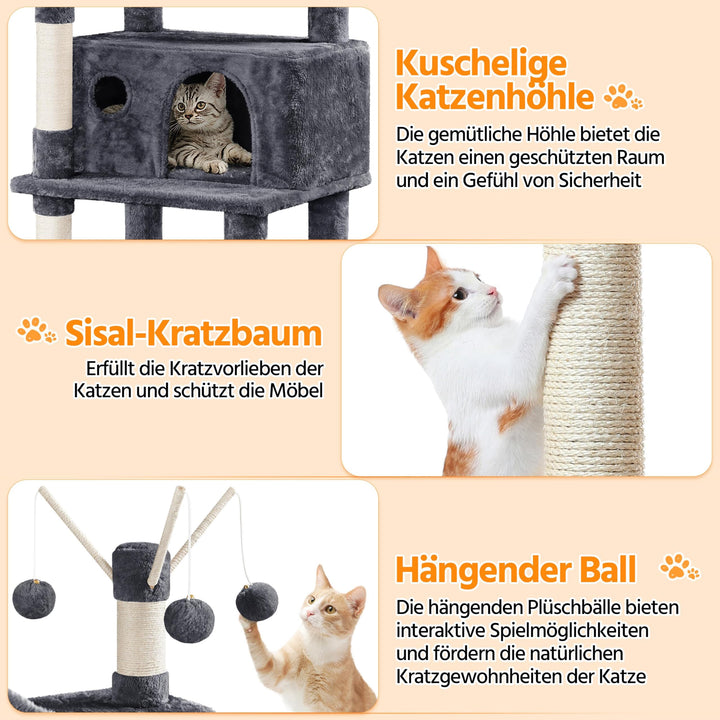 Kratzbaum 170cm mit 5 Ebenen, 7 Sisalsäulen und 2 Höhlen für Katzen - Bild 4