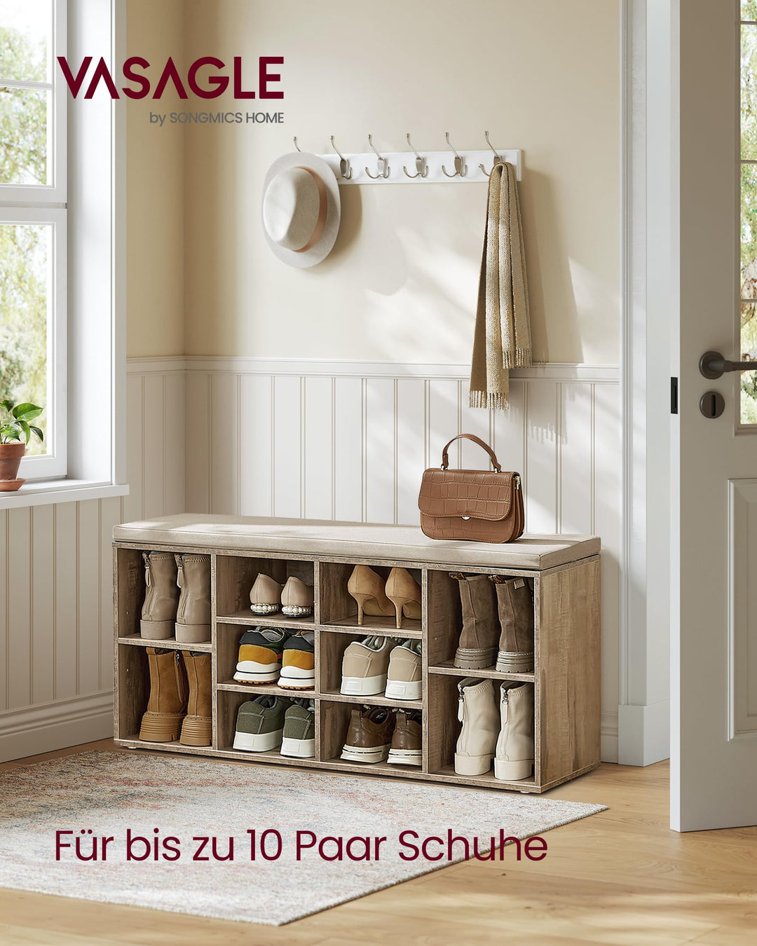 Schuhbank mit Polster 10 Fächer Holz 104 cm Flur Eingang - Bild 2