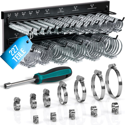 Schlauchschellen Set 227-teilig mit Wandhalter und Schraubendreher