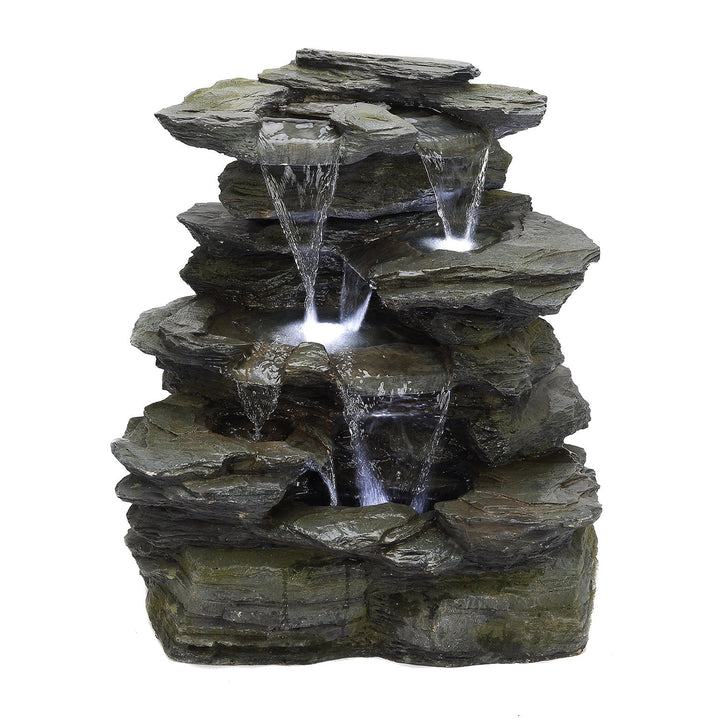 Gartenbrunnen Naturstein-Optik mit LED 3-stufig aus Polyresin