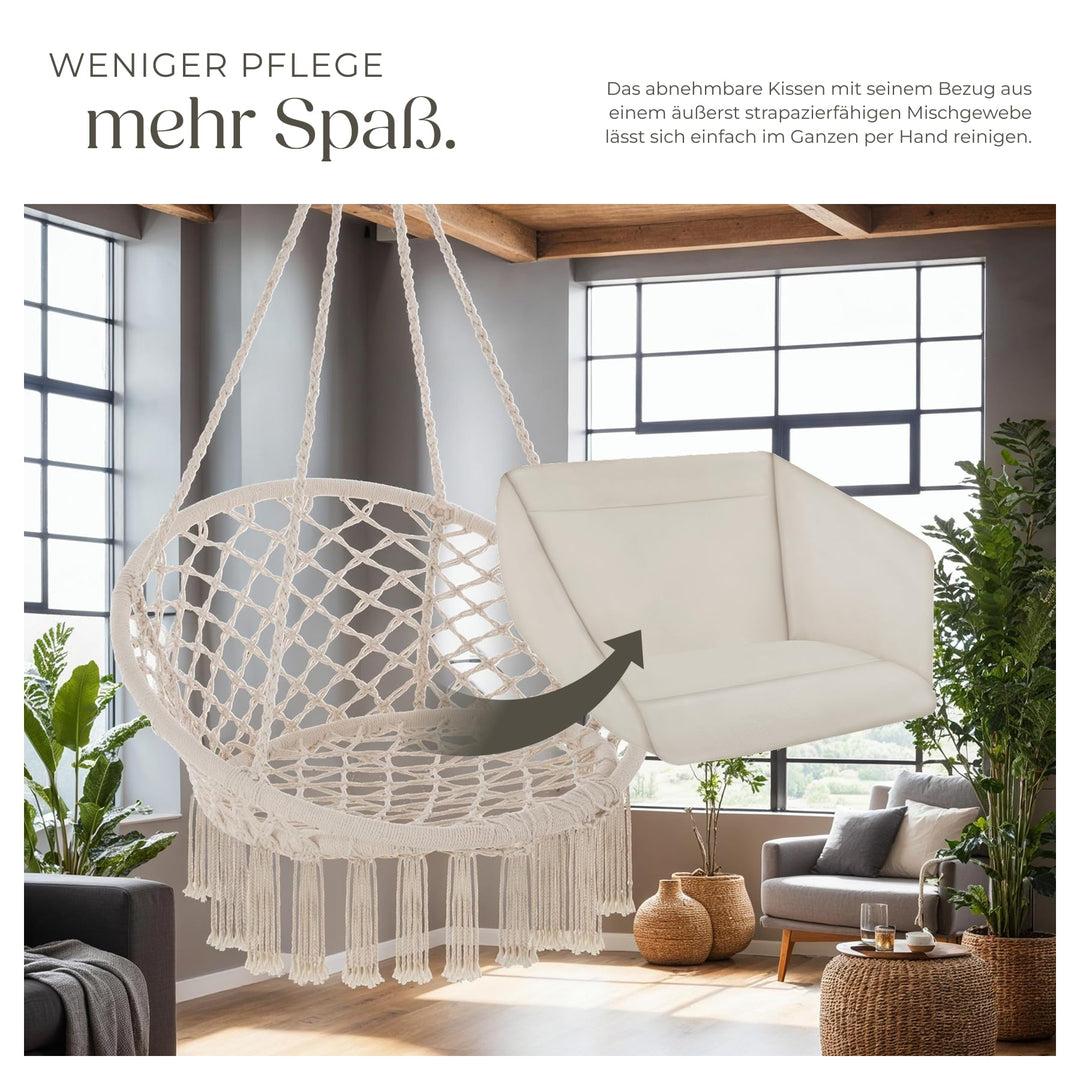 Hängesessel mit Gestell Baumwollgeflecht Boho bis 150 kg beige - Bild 7