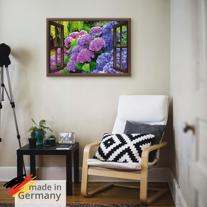 Leinwandbild Hortensien Fensterblick Garten auf Holzrahmen - Bild 5