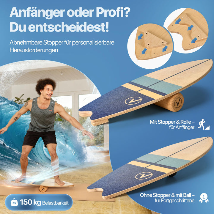 Balance Board Holz Surfboard-Form mit Korkrolle, Halterung &amp; Ball - Bild 7