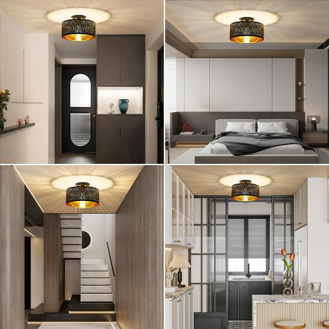 Deckenleuchte Schwarz-Gold Metall Stoff Ø30cm E27 für Wohnzimmer