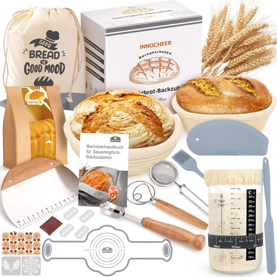Sauerteig Starter Set mit Gärkorb rund 23cm &amp; oval 25cm, 20-teilig