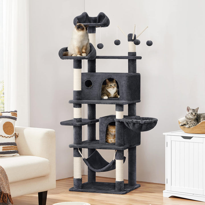 Kratzbaum 170cm mit 5 Ebenen, 7 Sisalsäulen und 2 Höhlen für Katzen - Bild 2