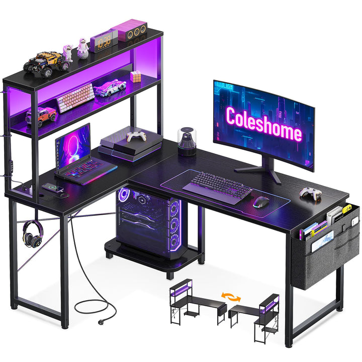 Gaming Tisch L-Form mit RGB-LED und Regal 110×80 cm Schwarz