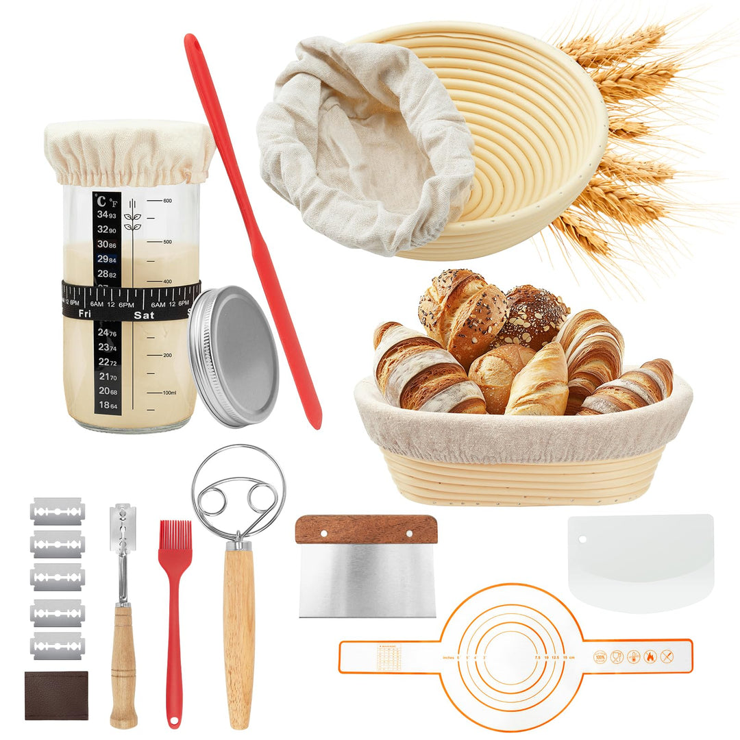 Sauerteig Starter Set mit Gärkörbchen rund &amp; oval 13-teilig