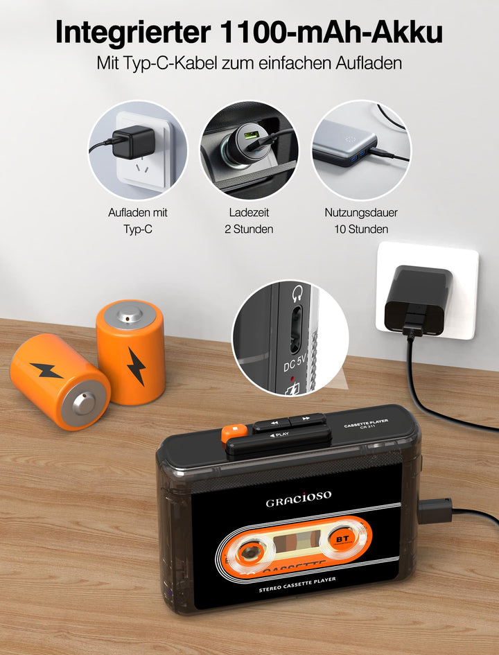 Kassettenspieler Bluetooth 5.2 mit 1100 mAh Akku und Clip - Bild 4