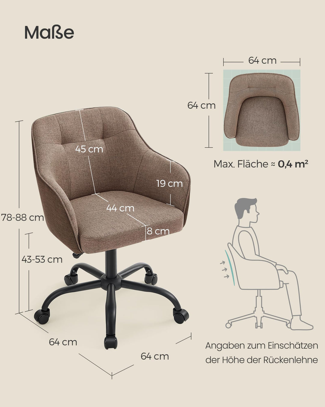 Schreibtischstuhl Stoff höhenverstellbar bis 110 kg Homeoffice braun - Bild 7