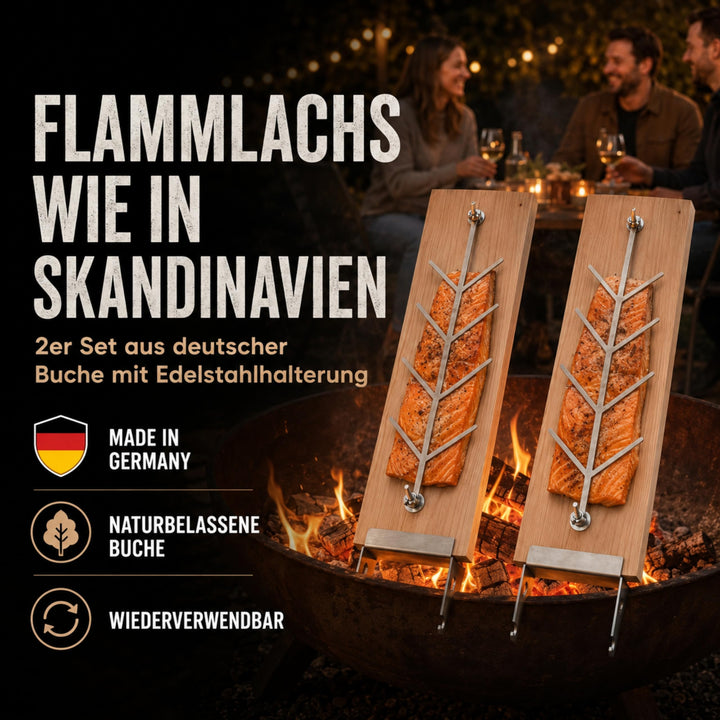 Flammlachsbrett 2er Set Buche mit Edelstahlhalterung für Grill - Bild 2