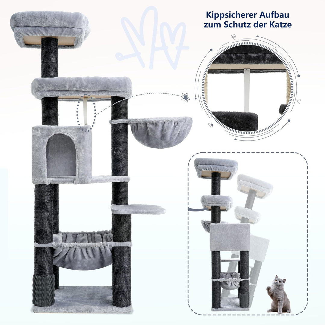 Kratzbaum XXL Sisal 168 cm für grosse Katzen mit Hängematte